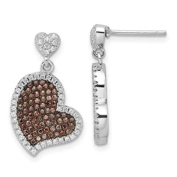 Sterling Silver Brown & Clear CZ True Fire Heart Dangle Post Earrings - Picture 1 of 4